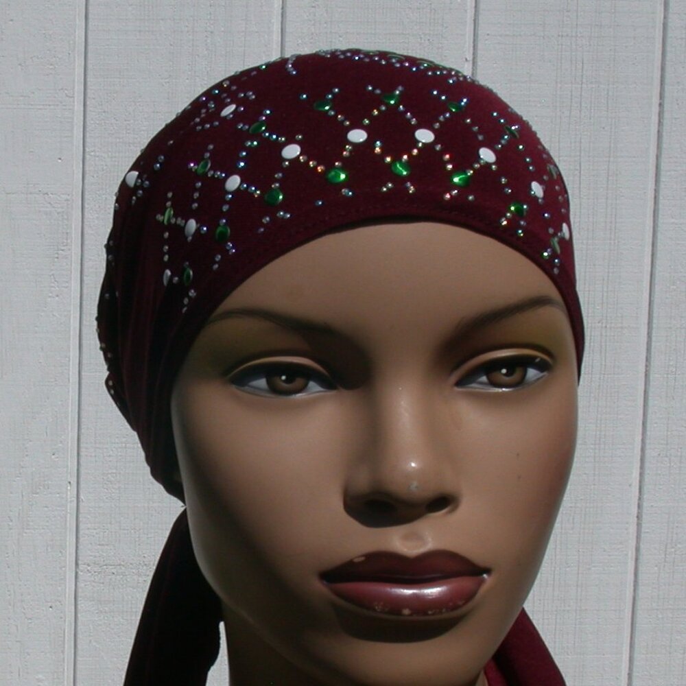 BURGUNDY Pre-Tied Stud Chemo Cap Slip On Bonnet Hijab Undercap # 4